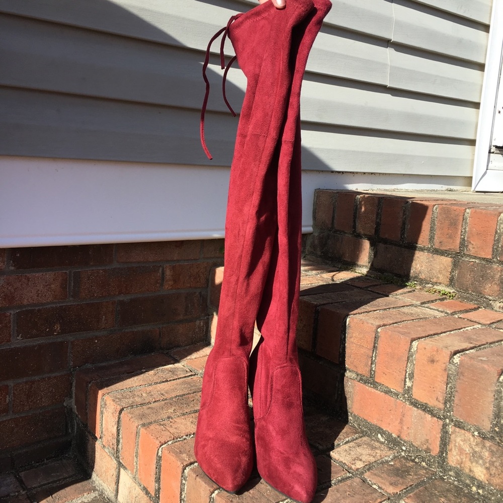 Red above the knee boots!